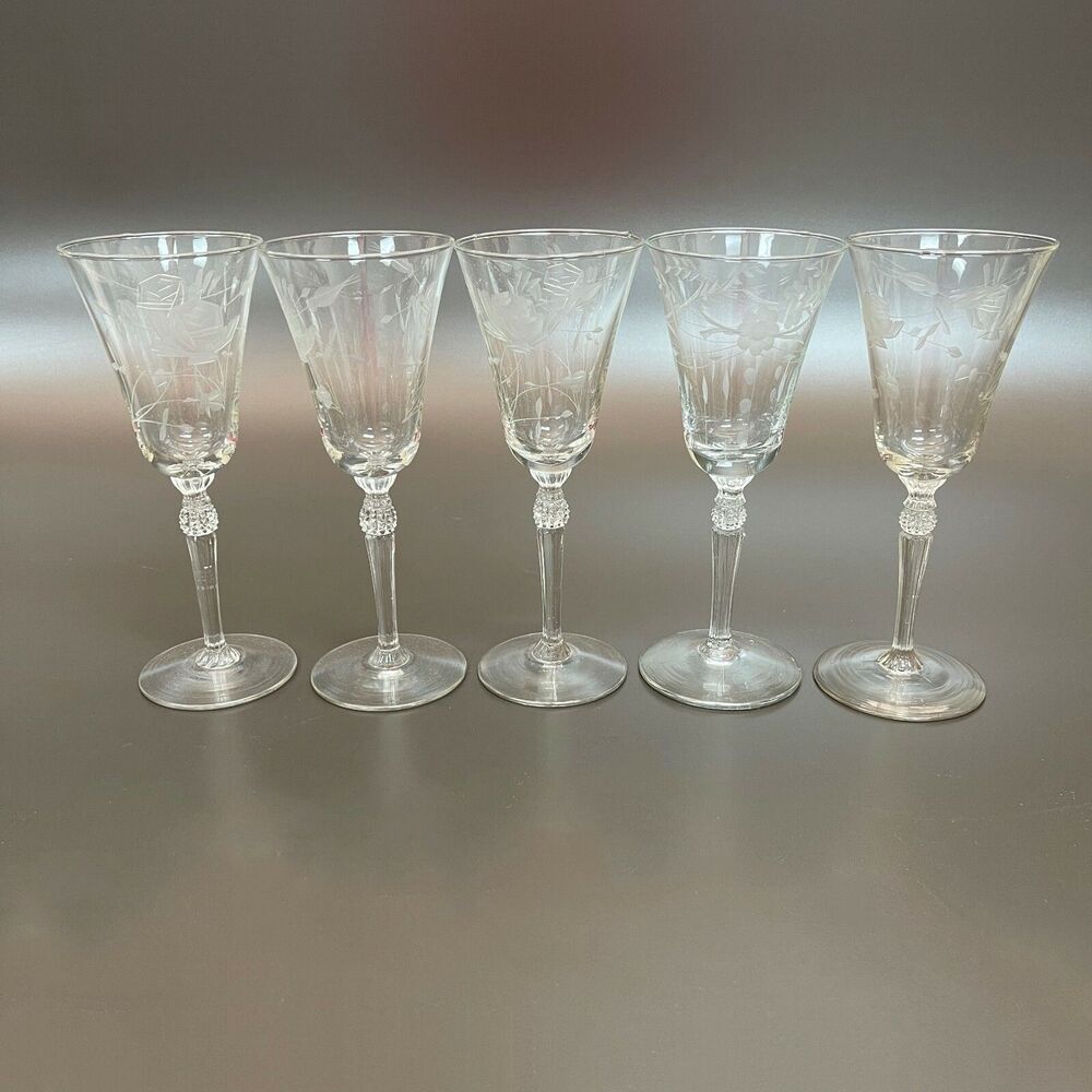 Etched Clear Glass Glasses Stemmed Floral Roses 7" high Lot of 5